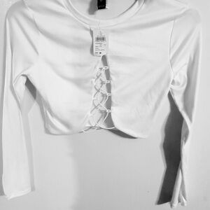 Windsor White Lace-Up Long Sleeve Crop Top